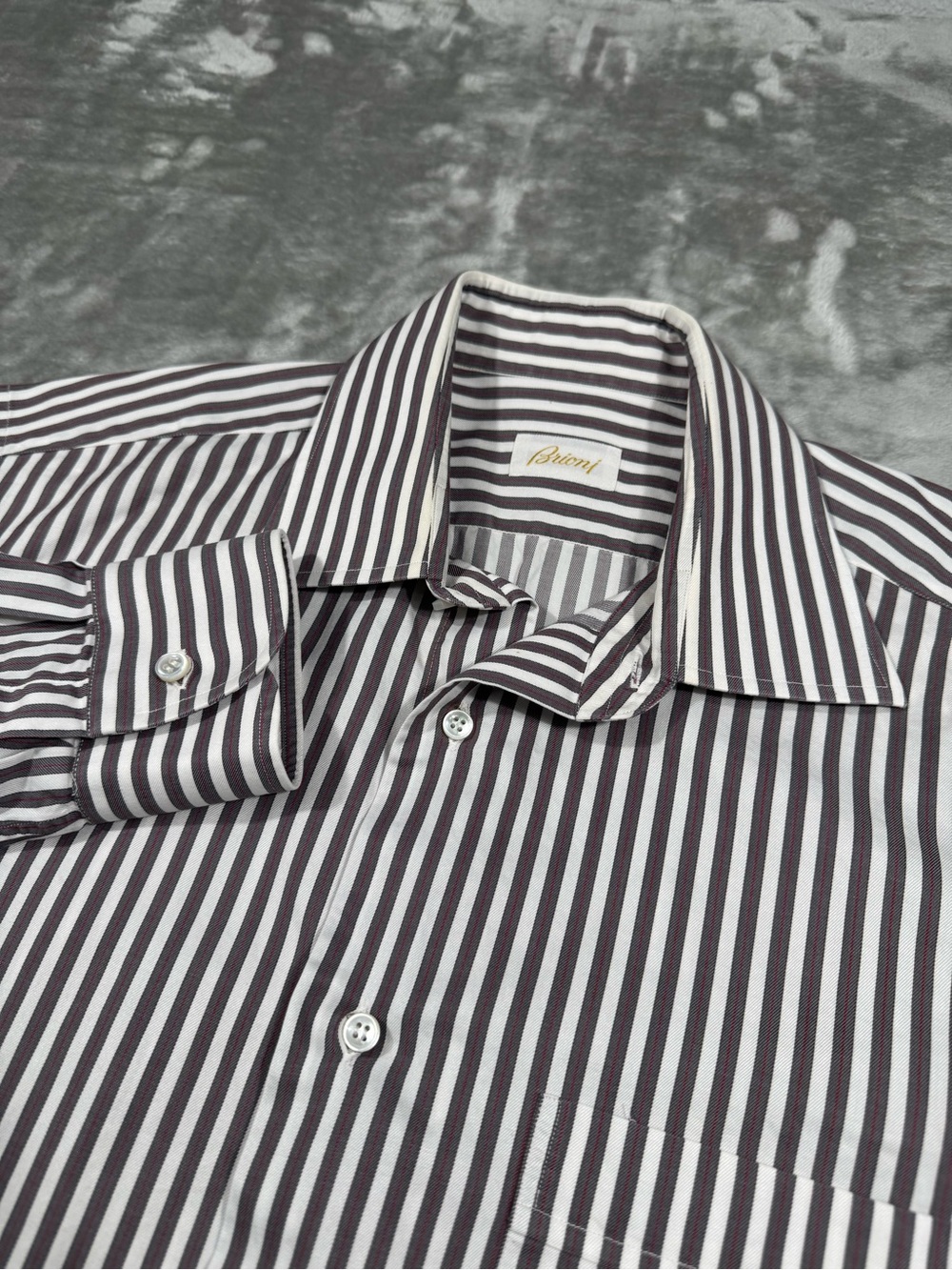 Brioni Mens Gray Red White Striped Cotton Dress Shirt Italy 42|16.5